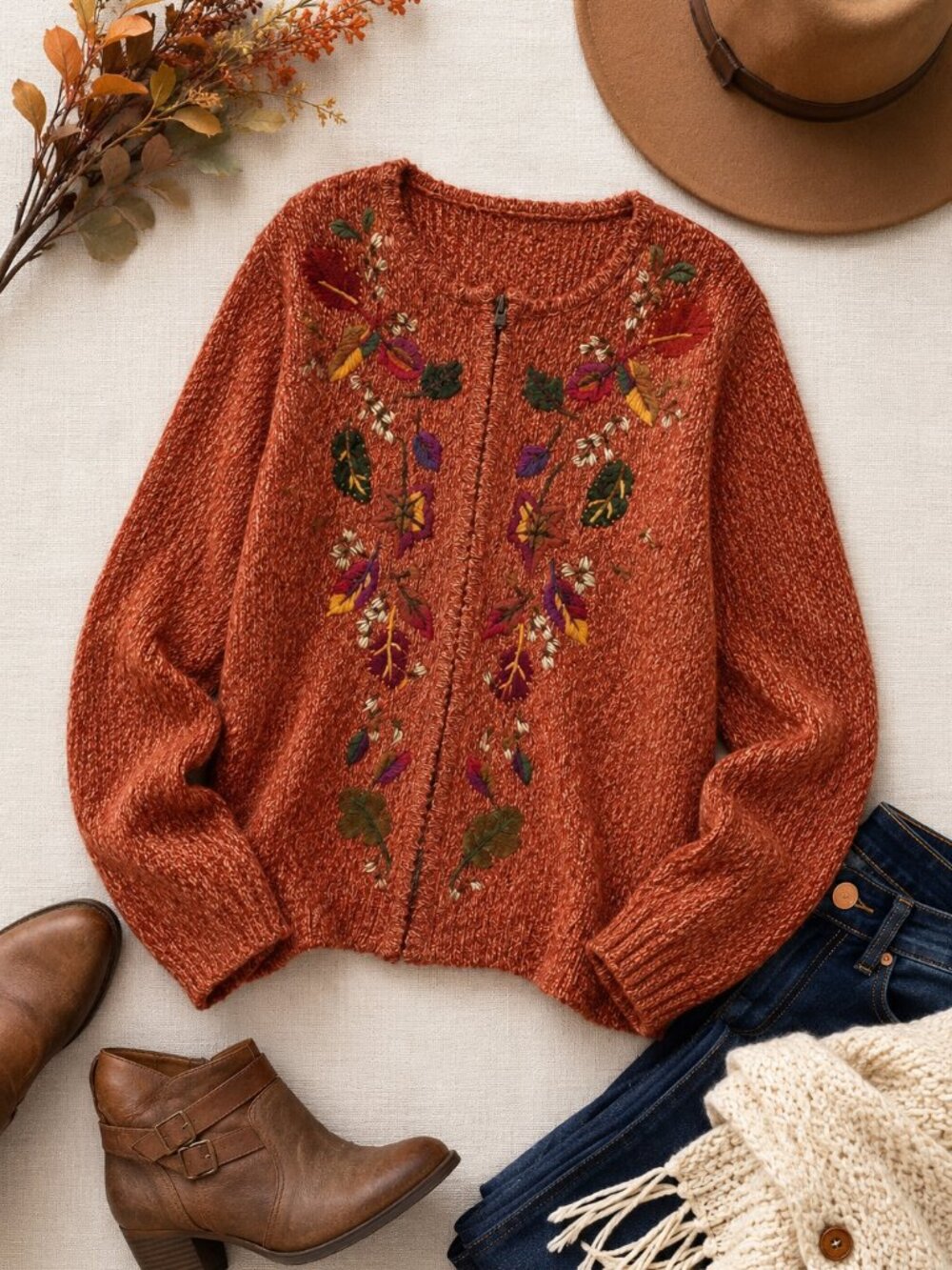 Erika & Co Rust Embroidered Zip Cardigan Sweater Floral Boho L